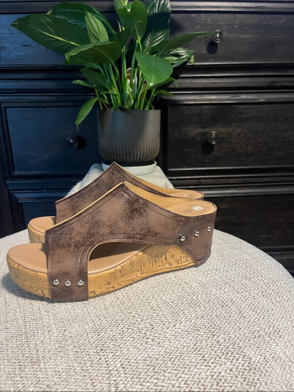 Brown Suede-Look Cork Wedge Slide Sandals